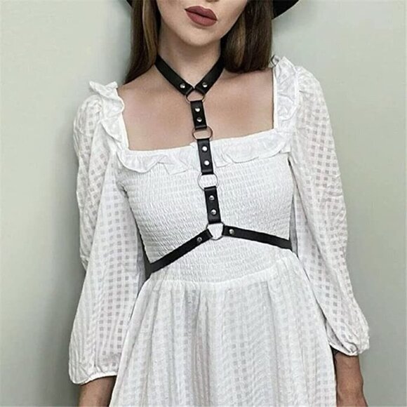 BLACK Leather Waist Shoulder Harness Bra Belt Choker Slave Fetish Bondage NWT - Picture 8 of 9